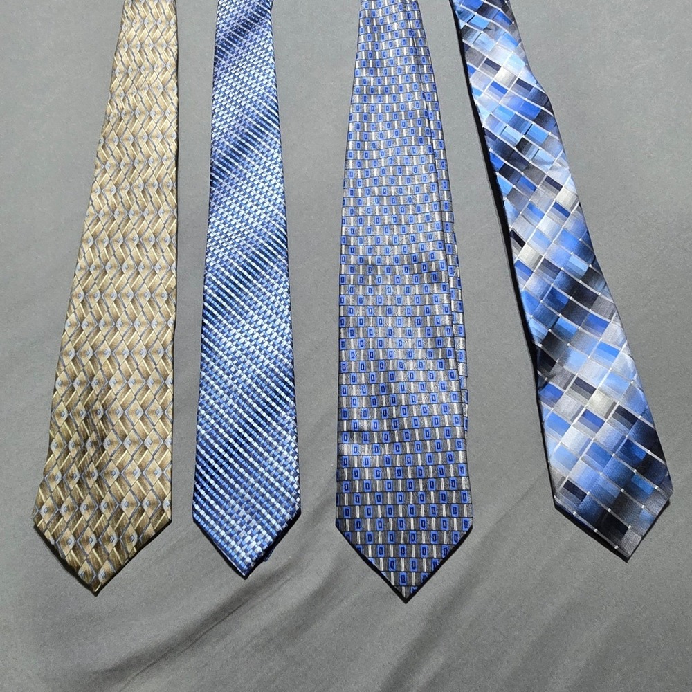 Necktie Bundle lot of 4 Stafford Van Heusen Mens Blue Gold  Geometric Plaid